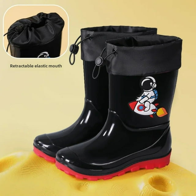 Botas de lluvia de astronauta para niños, zapatos de agua antideslizantes Unisex, botas para jugar en el agua al aire libre, zapatos negros de talla grande para niños pequeños