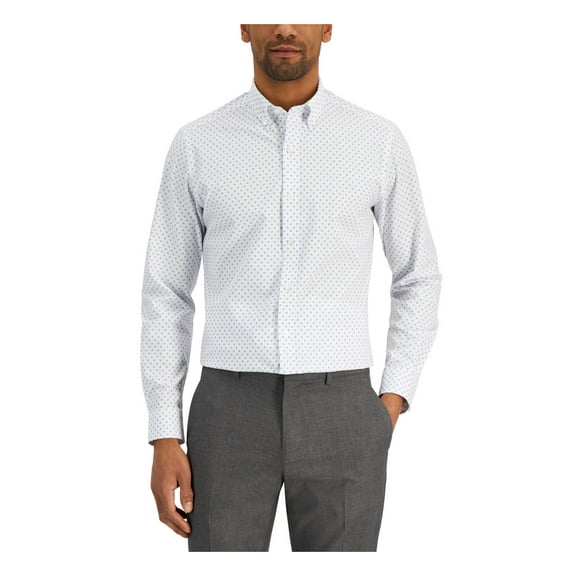 Club Room Mens Slim Fit 4 Way Stretch Ditsy Floral Dress Shirt White Blue XL