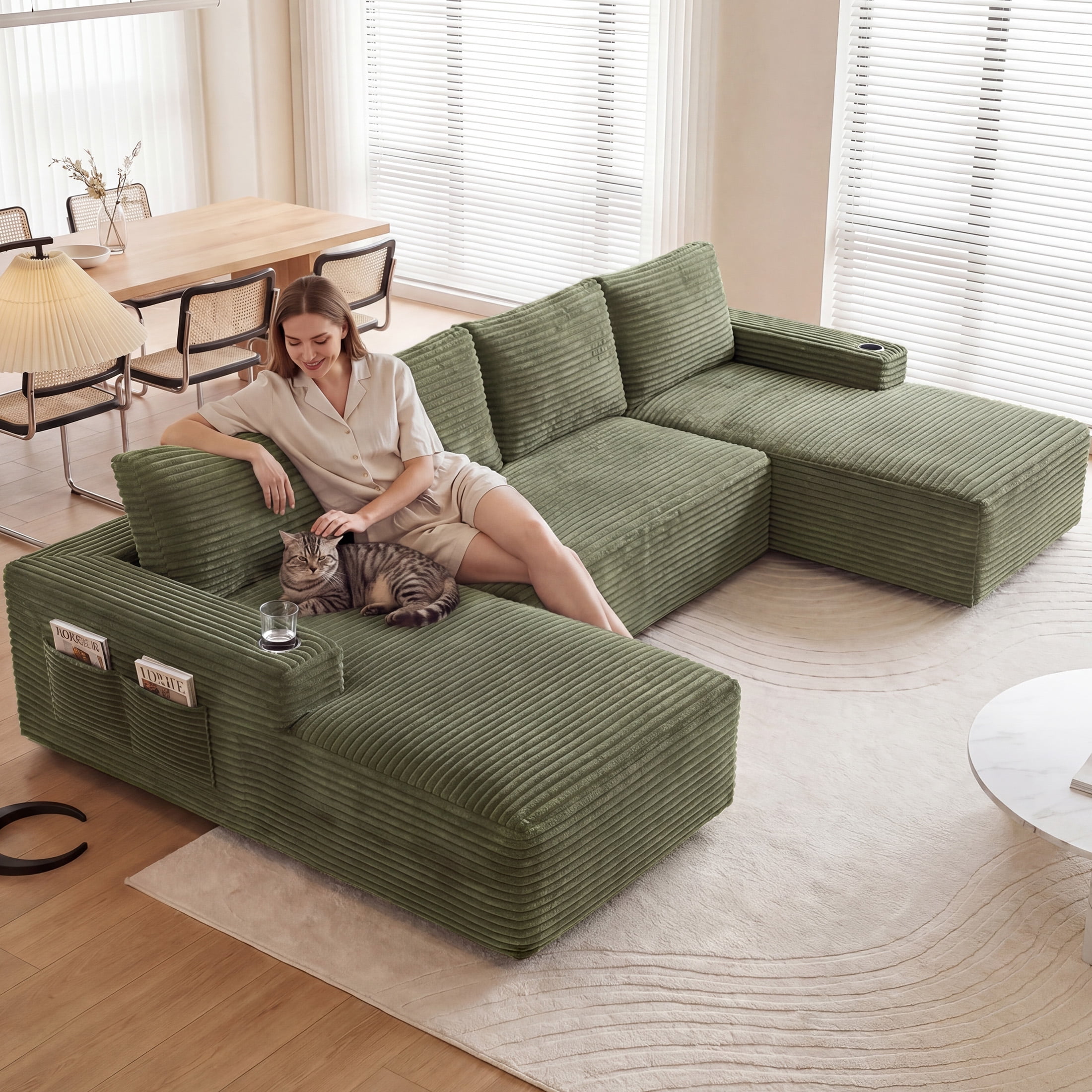 Aenkyo 133 in U-Shaped Cloud Corduroy Sectional Sofa with Cup Holders for Living Room, Green