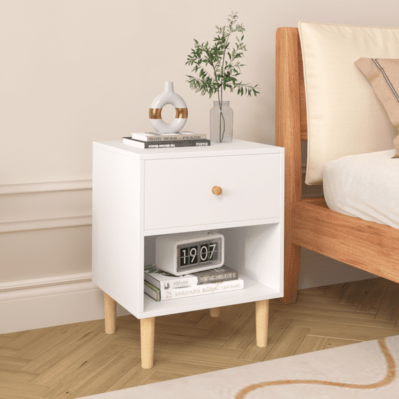 Wooden Nightstand with Drawers & Shelf Bedside End Table for Apartmen,Bedroom,White