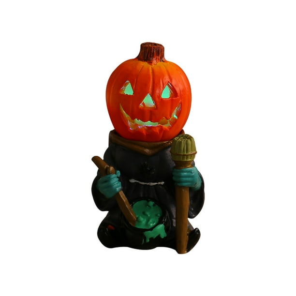 Adorno de mesa con luces LED de Halloween, cabeza de calabaza pequeña brillante, fantasma de resina, decoración de jardín