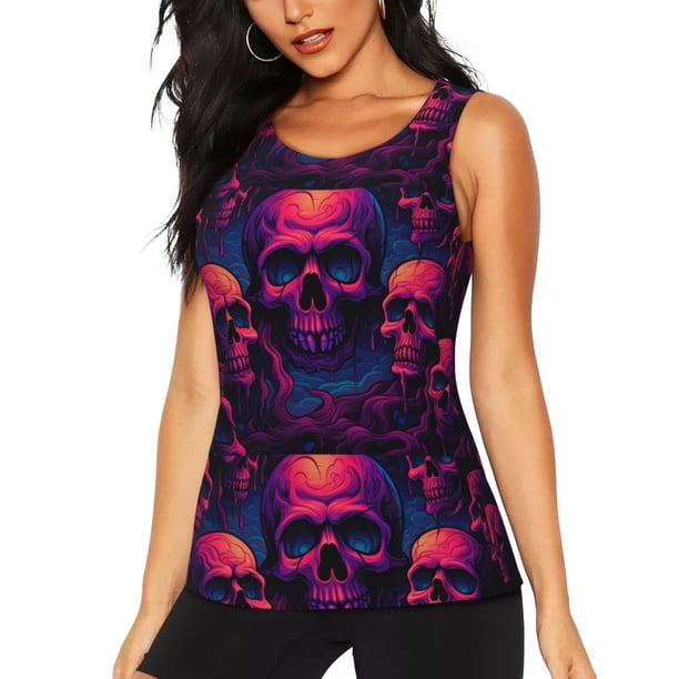 Fotbe Purple-Red Skull Blusas Sin Mangas para Mujer – Estilo Casual, Corte Suelto, Slim-Fit, Cuello Redondo Deportivo, Tops de Verano para Gimnasio y Yoga-Large