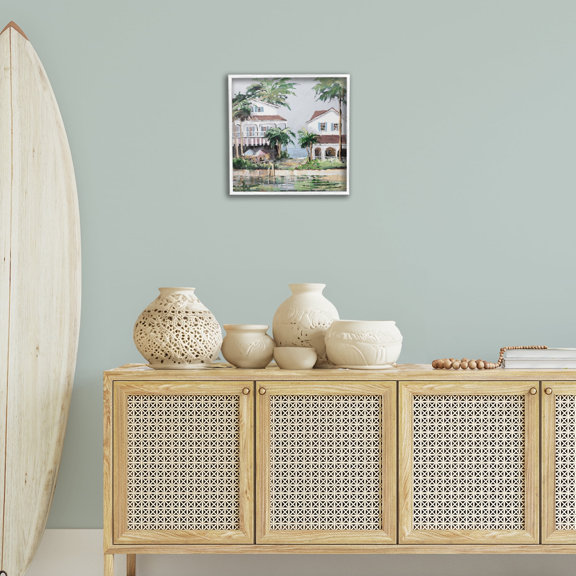 Stupell Industries Coastal Bay Cottages Coastal Painting White Framed Art Print Wall Art, 17 x 17
