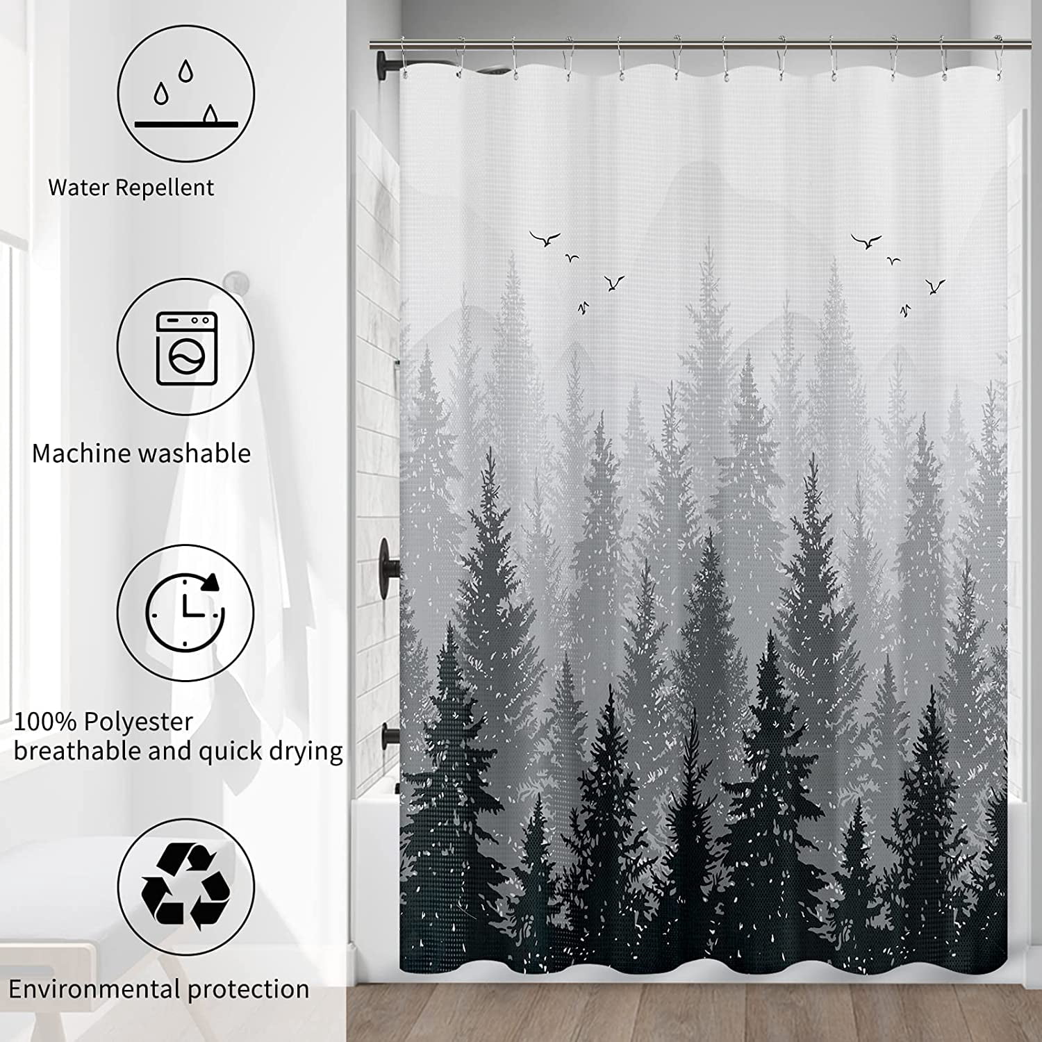 Shower Curtain Mountain Forest Nature Tree Fabric Shower Curtains for Bathroom Water Repellent Shower Curtain Set Bathtubs Hotel Style Extra Long Shower Curtains 84 inches, 72x84 Inch Black