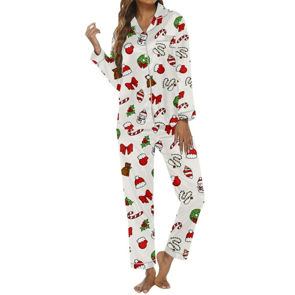 Pajama Sets for Women 2 Piece Trendy V Neck Button Christmas Print Long Sleeve Flannel with Long Pants Set Womens Pjs