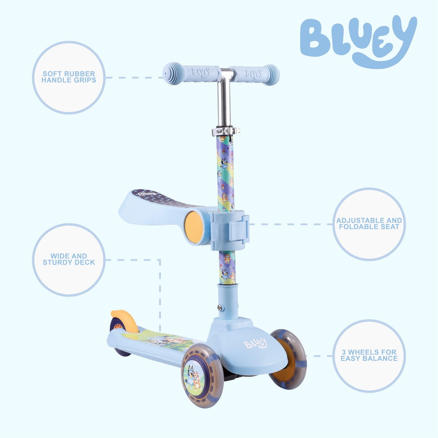 Bluey Ride-N-Glide Buddies Toddler 3 Wheel Kick and Sit Scooter, for Kids Ages 3+, Bluey
