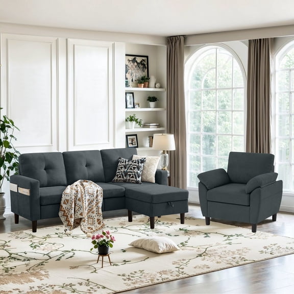 Soscana 2 Piece Living Room Furniture Set,Modern Linen Sectional Sofa with Storage Ottoman and Armchair for Living Room, Office, Apartment