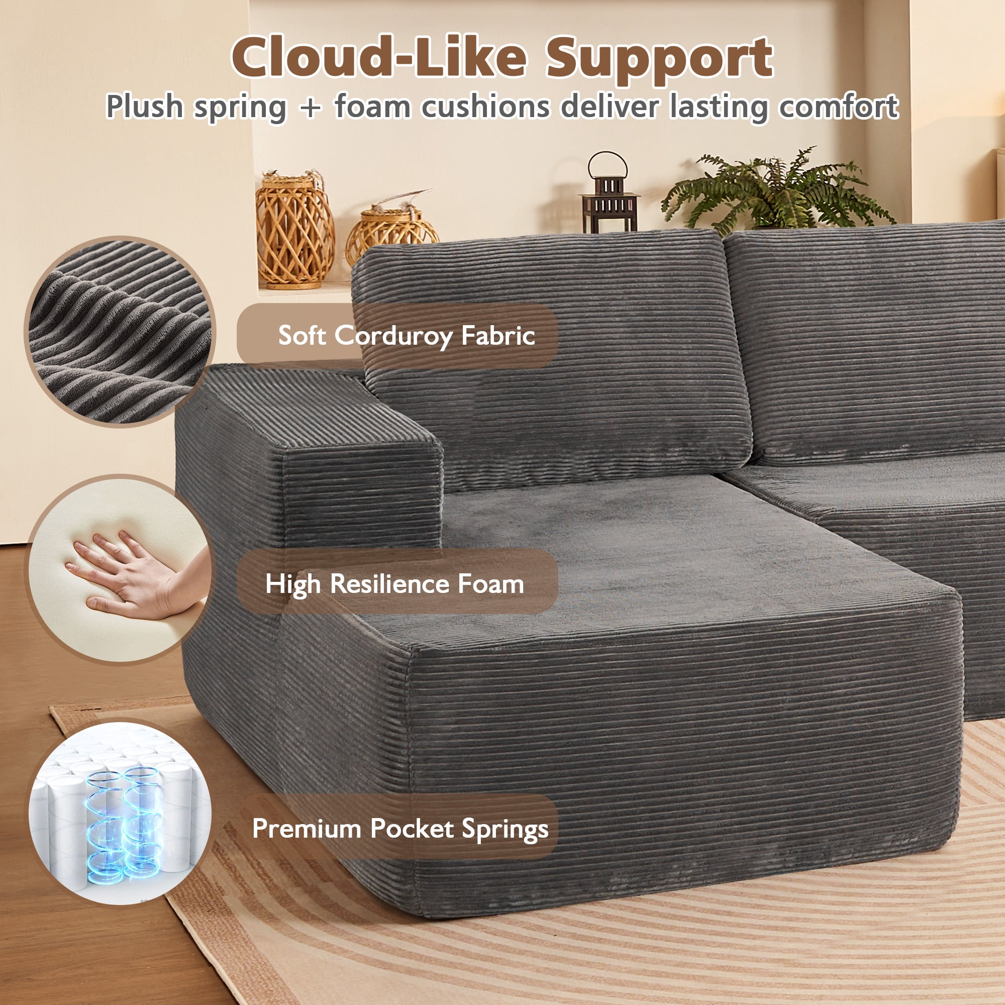 Ovios 106" Modular Cloud Couch Oversized Deep Seat Corduroy Sectional Sofa with Lounge Chair for Living Room, No Assembly, Gray