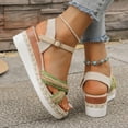 thumbnail image 4 of Espadrilles for Women Straw Braided Strappy Wedge Sandals Casual Summer Beach Shoes Open Toe Ankle Strap Platform Wedges Green Size 9, 4 of 7
