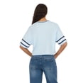 thumbnail image 5 of Forever 21 Women’s Mesh Cropped Boxy Football Tee, V-Neck Short Sleeve Varsity-Style Top with Striped Sleeves and Screen Graphic, XS-XL, 5 of 6