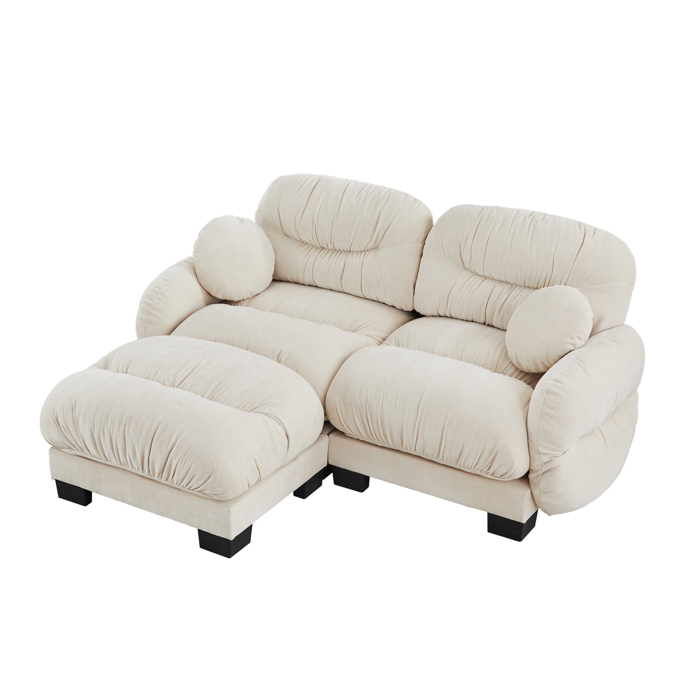 Noble House Corlan Pleated Chenille 2-Seater Sectional Sofa, Modular Deep Seat Couch with Ottoman and Throw Pillows, Beige
