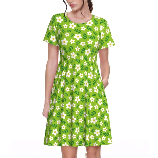 Easygdp Daisies Flowers para Vestido Transpirable de Mujer, Vestido Suelto de Manga Corta con Pliegues y Bolsillos para el Verano