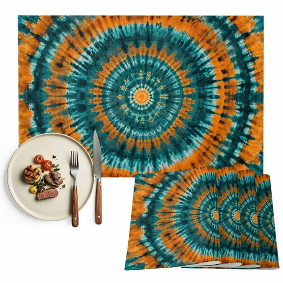 Placemats Set of 4, Turquoise Orange Tie-Dye Art Placemats Set of 4, Abstract Boho Tribe Tablemats Placemat Table Decoration for Kitchen Table Dinner Party Home Decor Indoor Outdoor 13x19 Inch