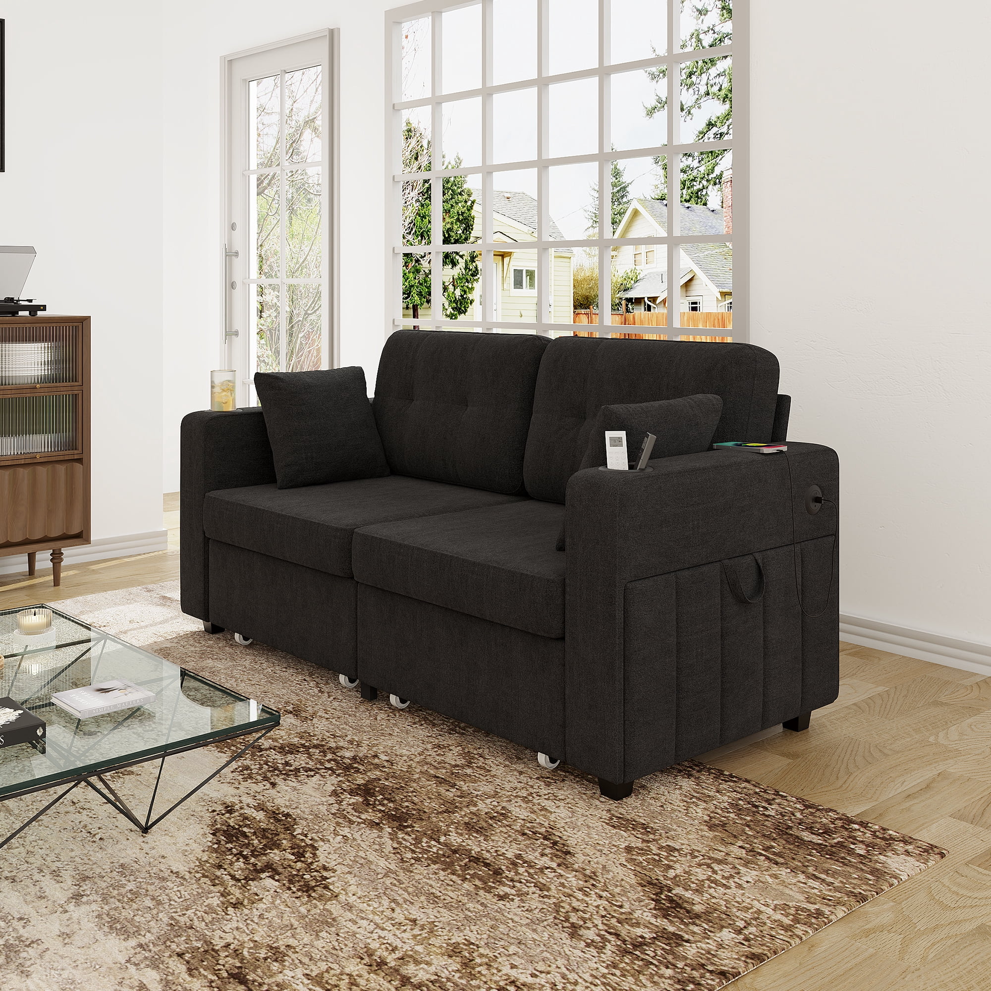 68" Chenille Two Seater Couch, Living Room Loveseat with Usb Charging, Upholstered Loveseat with Storage for Living Room, Black