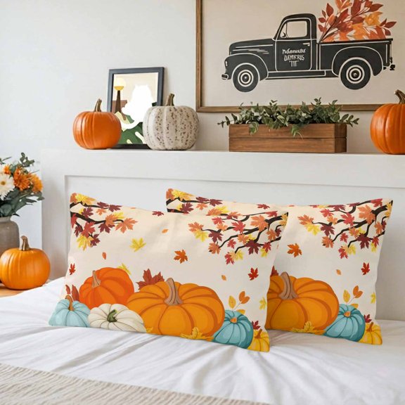 Fall Thanksgiving Pumpkin Maple Leaf Waterproof Throw Pillow Covers Set of 2 Orange Gradient Outdoor Cushion Cover Pillow Protector Decorative Pillowcases for Bed Sofa Couch,20x12in