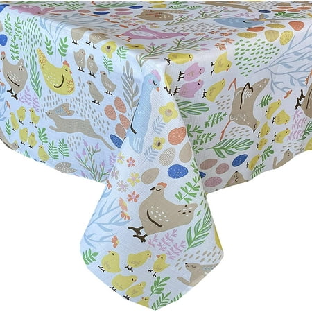

Home Bargains Plus Easter Fun Fabric Tablecloth Bunny Rabbit Easter Egg and Chicks Print Stain and Wrinkle Resistant Spring Tablecloth 52” x 52” Square