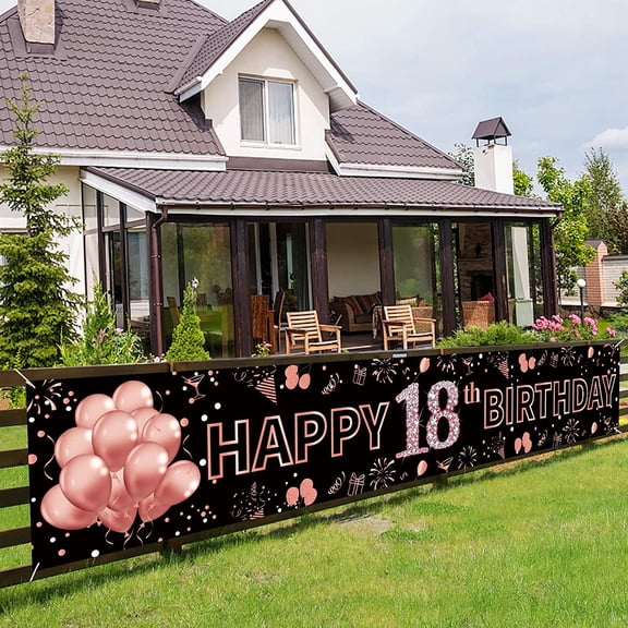 9.8x1.6FT 18th Birthday Yard Banner for Girls Happy 18th Birthday Banner Rose Gold and Black 18 Year Old Birthday Decorations Banner Party Supplies