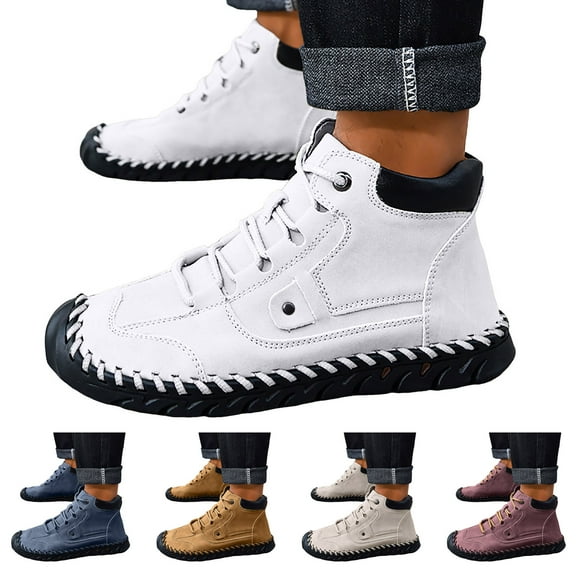 Dakaela Mens Casual Leather Shoes Lace up Ankle Chukka Boots Mid top Slip on Loafers Hiking Walking Driving Booties Beige 7