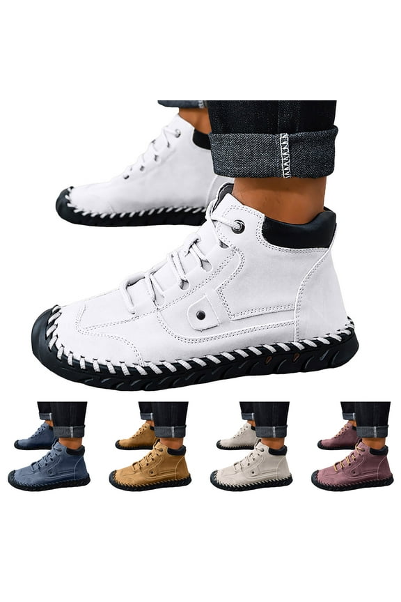 Mens Casual Leather Shoes Lace up Ankle Chukka Boots Mid top Slip on Loafers Hiking Walking Driving Booties Beige 10.5