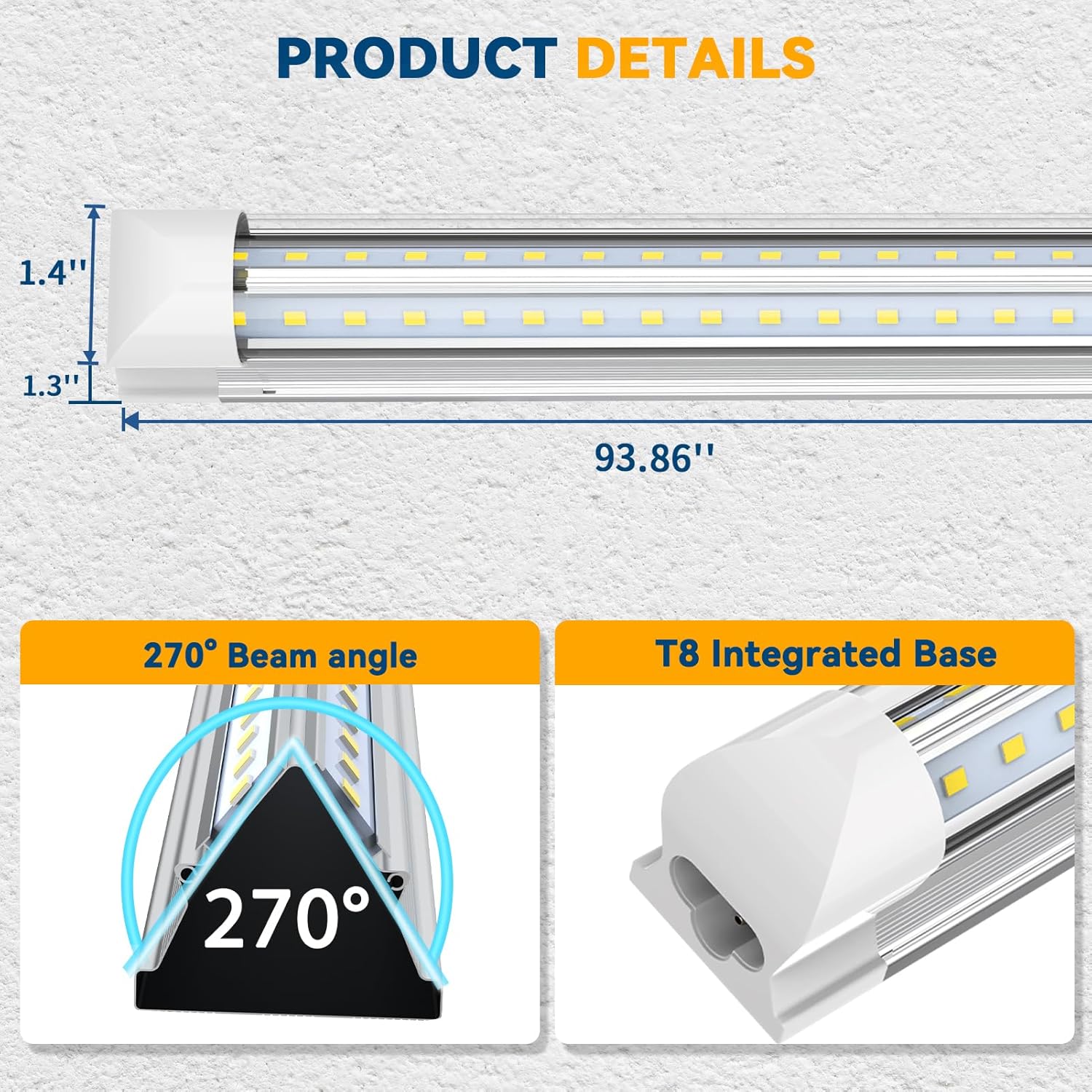 JESLED 8ft T8 LED Shop Light Fixture, V Shape 72W 6000K Cool, 4-Pack
