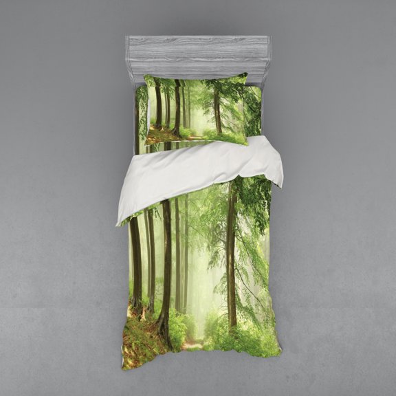 Ambesonne Landscape Bedding Set 3 Pcs, Forest Trees Sunshine, Twin, Multicolor