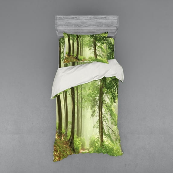 Ambesonne Landscape Bedding Set 3 Pcs, Forest Trees Sunshine, Twin XL, Multicolor
