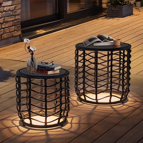 GRANDPATIO Outdoor Modern Boho Style Wave Wicker End Tables,Built-in Solar Lights, Black (Set of 2)
