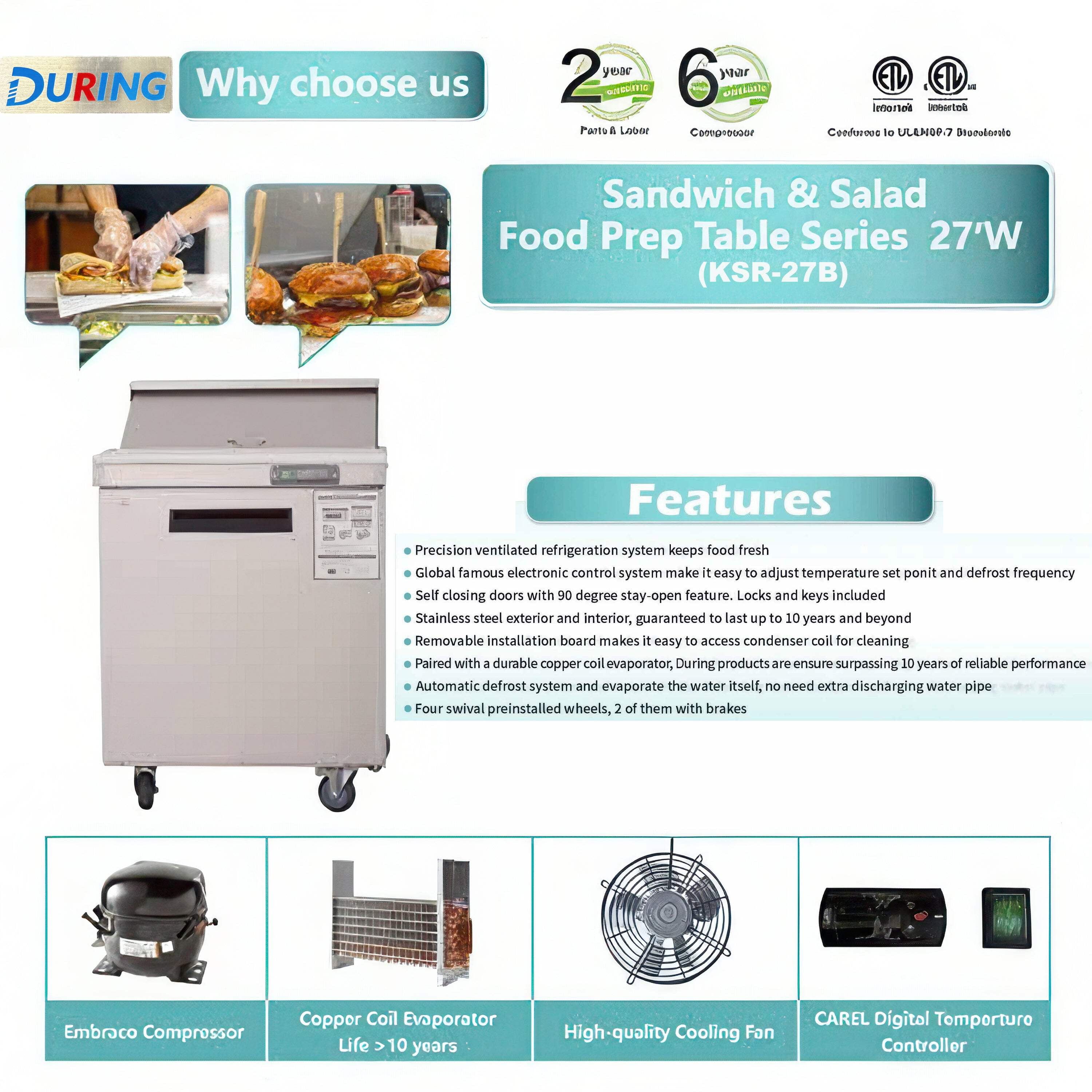 DURING D-KSR-27B 27" 1-Door Sandwich  Salad Prep Table Commercial Refrigerator in Stainless Steel