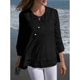 thumbnail image 4 of Womens 3/4 Sleeve Shirts Cotton Linen Roll Up Short Sleeve Tops V Neck Casual Loose Fit Blouses Black 4XL, 4 of 5