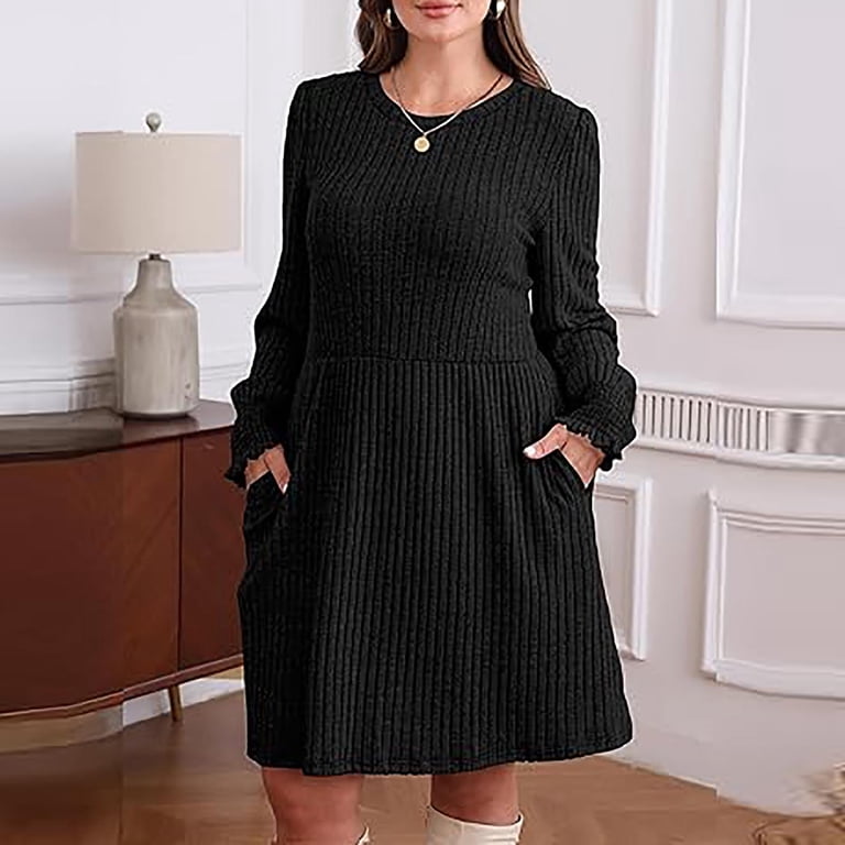 Casual Dresses for Women Winter New Ladies' Color Casual Long-Sleeved  Round-Neck Dress with a Waistband and Pockets Style B-50 Black L -  Walmart.com