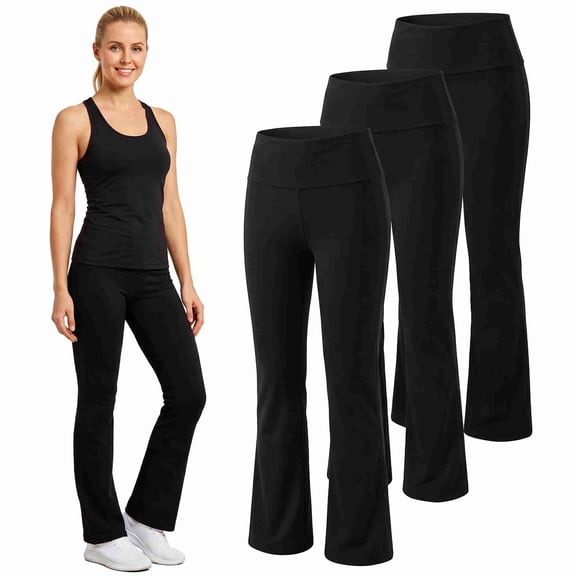 Women’s Cotton Bootcut Wide Waistband Yoga Pants, Black, 3-pack, Large