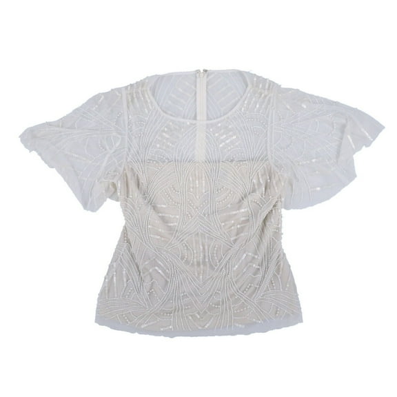 Adrianna Papell Women's Blouse Beaded Top Chiffon Flare Sleeve Ivory Pearl 2 New