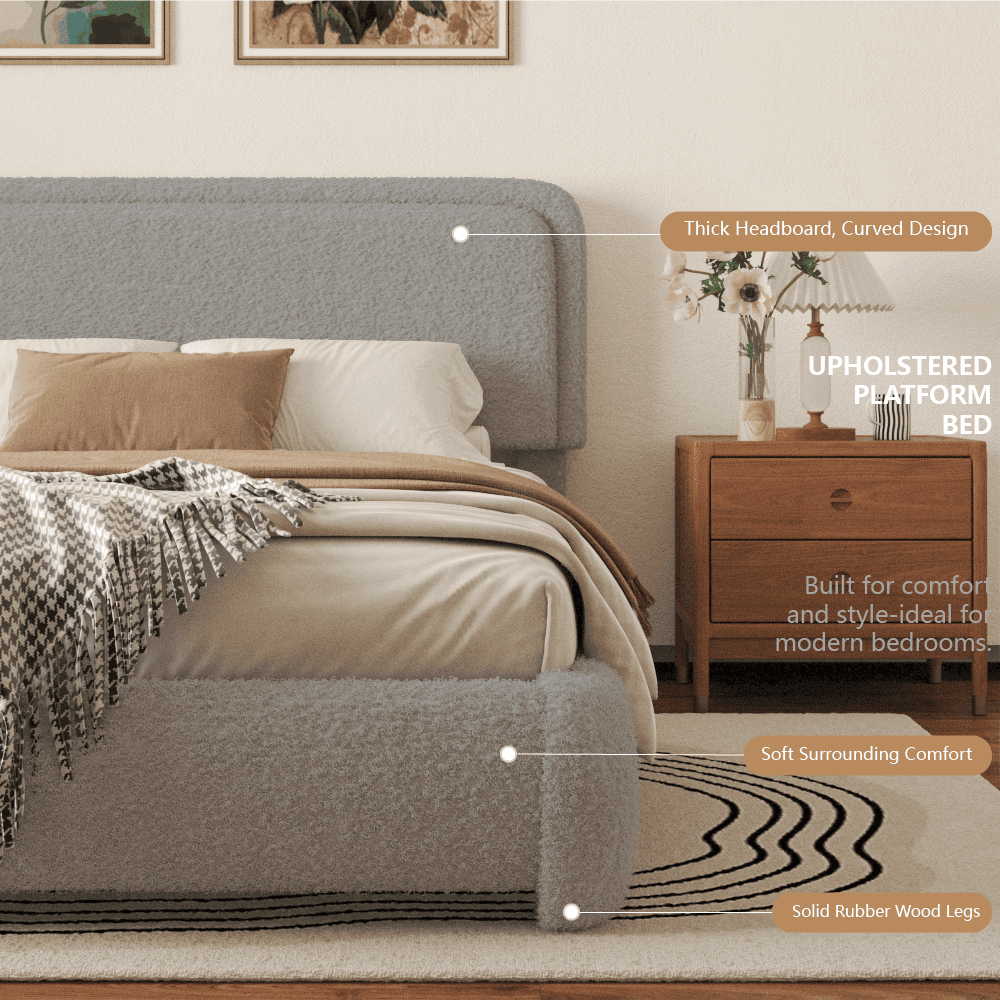 VIPLOV King Size Boucle Bed Frame, Cloud Upholstered Platform Bed with Height Adjustable Headboard & Soft Rounded Corners, No Noise Free, Easy Assembly.light gray