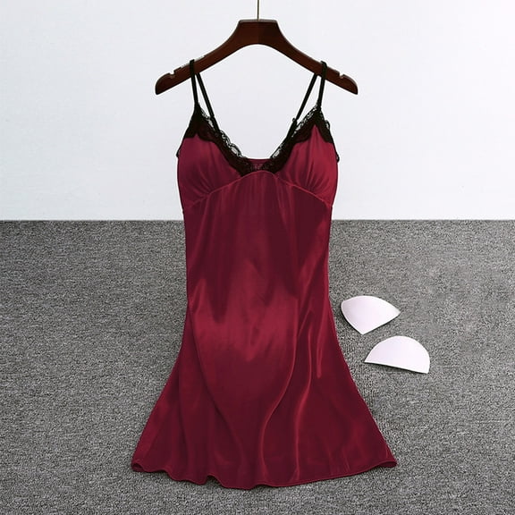 ylioge Womens Silk Nightgowns Built in Bras Lace Splice V Neck Mini Pajama Dresses Ladies Trendy Solid Spaghetti Strap Homewear Sleepshirts