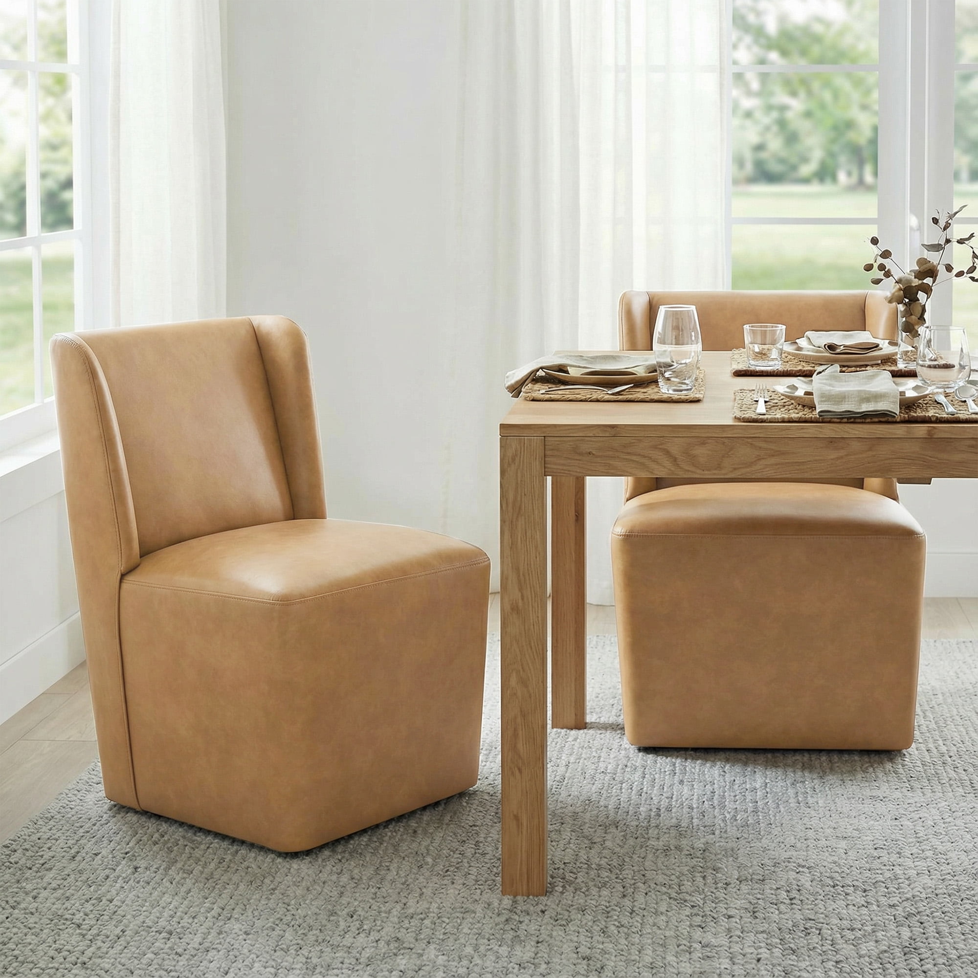 Spruce & Spring Modern Upholstered Dining Chair with Wingback and Hidden Casters, Single, Faux Leather in Cognac
