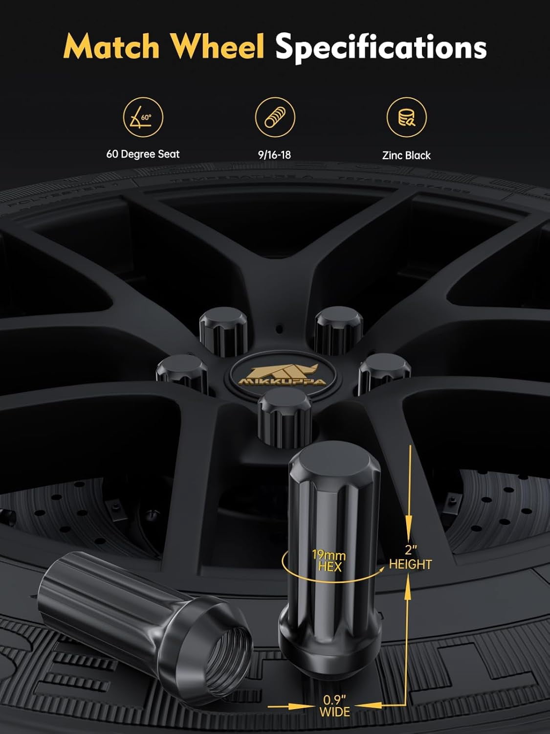 MIKKUPPA 24PCS M14x1.5 Lug Nuts - Replacement for Chevy Silverado 1500 Suburban Traverse, Ford F150, GMC Yukon Sierra 1500, Cadillac XT5 XT6 Aftermarket Wheels Black 2" Length 7 Spline Tire Nut