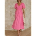 thumbnail image 3 of Faithtur Robe Longue Décontractée d'Été pour Femmes Couleur Unie Froncée Col en V Manches Courtes Mode Plage Vacances, 3 of 6