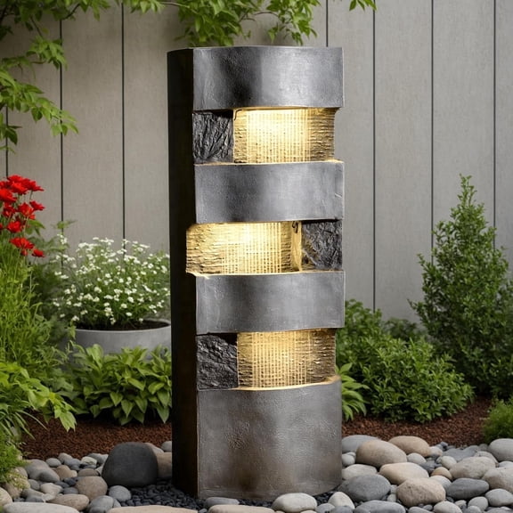 40.5''H 4-Tier Outdoor Water Fountain with LED Lights, Floor Standing Waterfall for Garden Patio & Home Art Decor