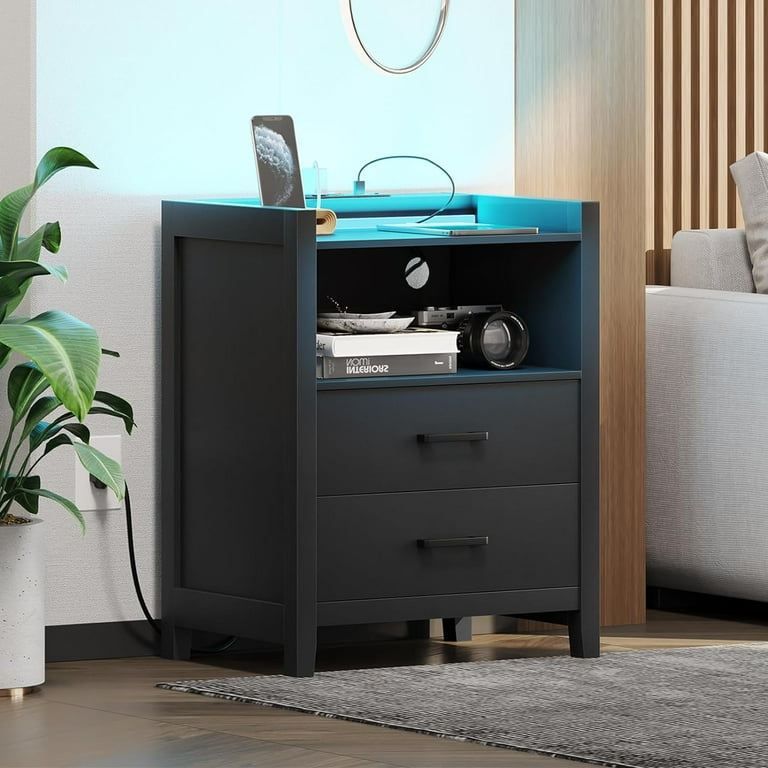 Nightstand with 2 Drawers Charging Station LED Nightstand End Side Table for Bedroom Black