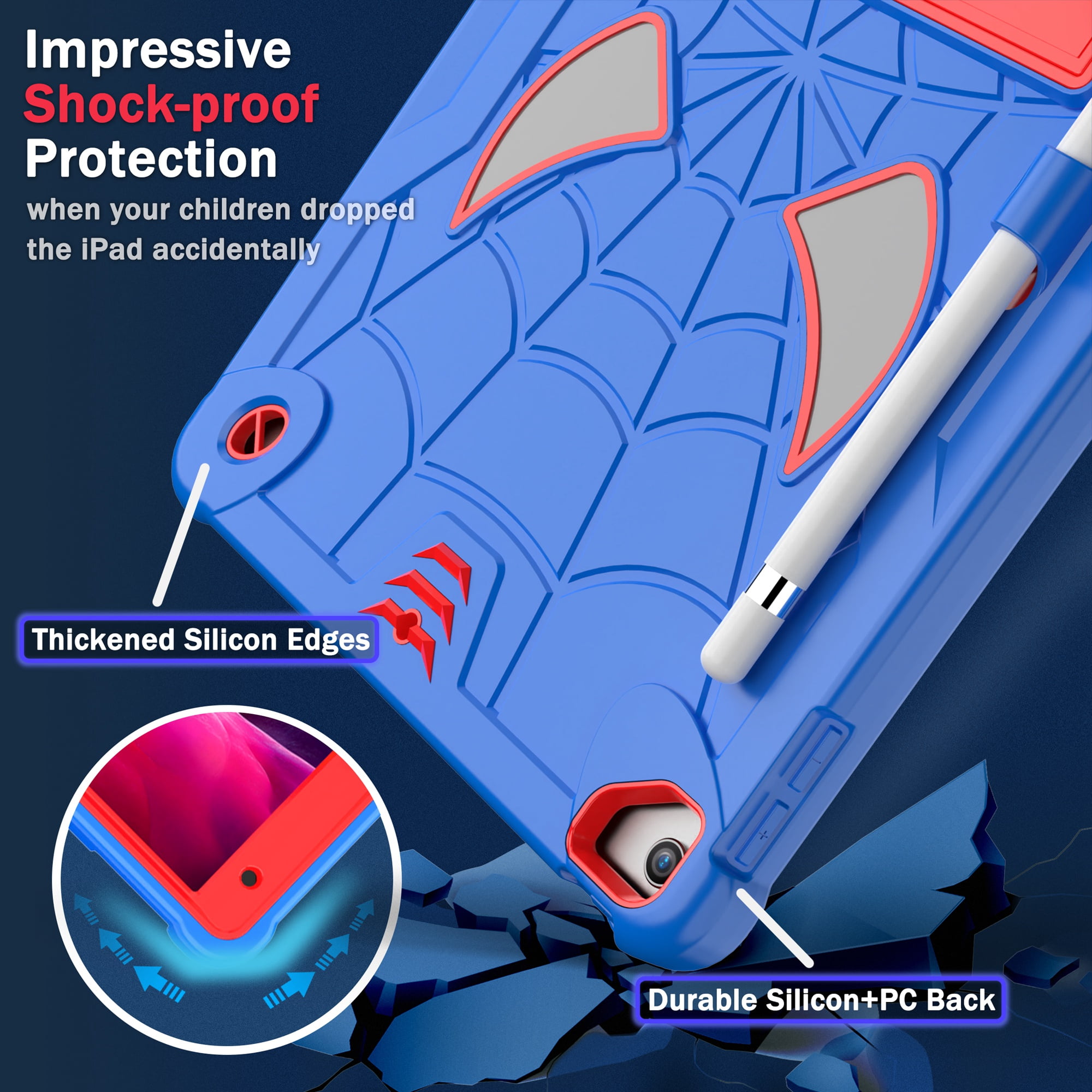 ELEHOLD Kids Case for iPad 9th/8th/7th Gen 10.2" 2021/2020/2019, Heavy Duty Rugged Cover with Foldable Kickstand Crossbody Shoulder Strap Pencil Holder Shockproof Case for iPad 10.2",Blue+Red