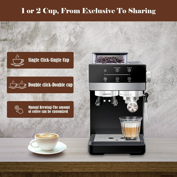 Bluebow Espresso Machine with Grinder 20Bar Semi Automatic Coffee Maker with Milk Frother Steam Wand Professional Cappuccino Latte Machine for Home