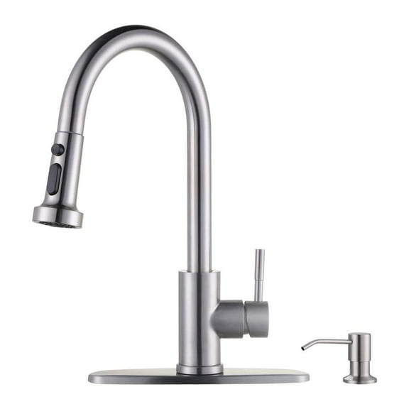 Single Handle Pull Down Sprayer Kitchen Faucet with Soap Dispenser Stainless Steel in Brushed Nickel
