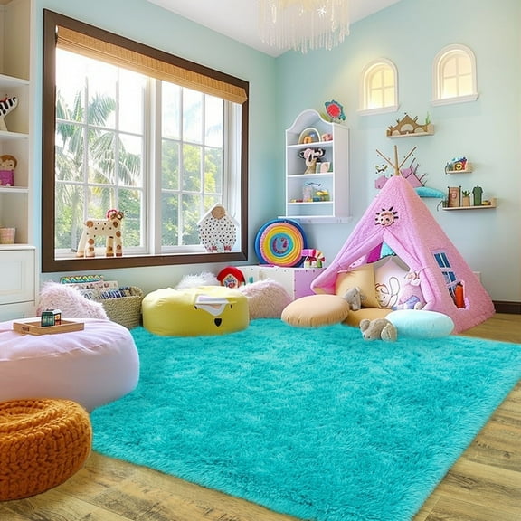 Socofuz 5x7ft Modern Super Soft Fluffy Plush Rug for Bedroom Faux Fur Cozy Carpet for Girls Kids Bedroom Light Blue