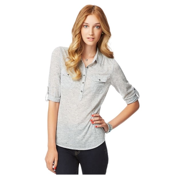 Camiseta henley tejida Aeropostale con espalda transparente para mujer gris XS