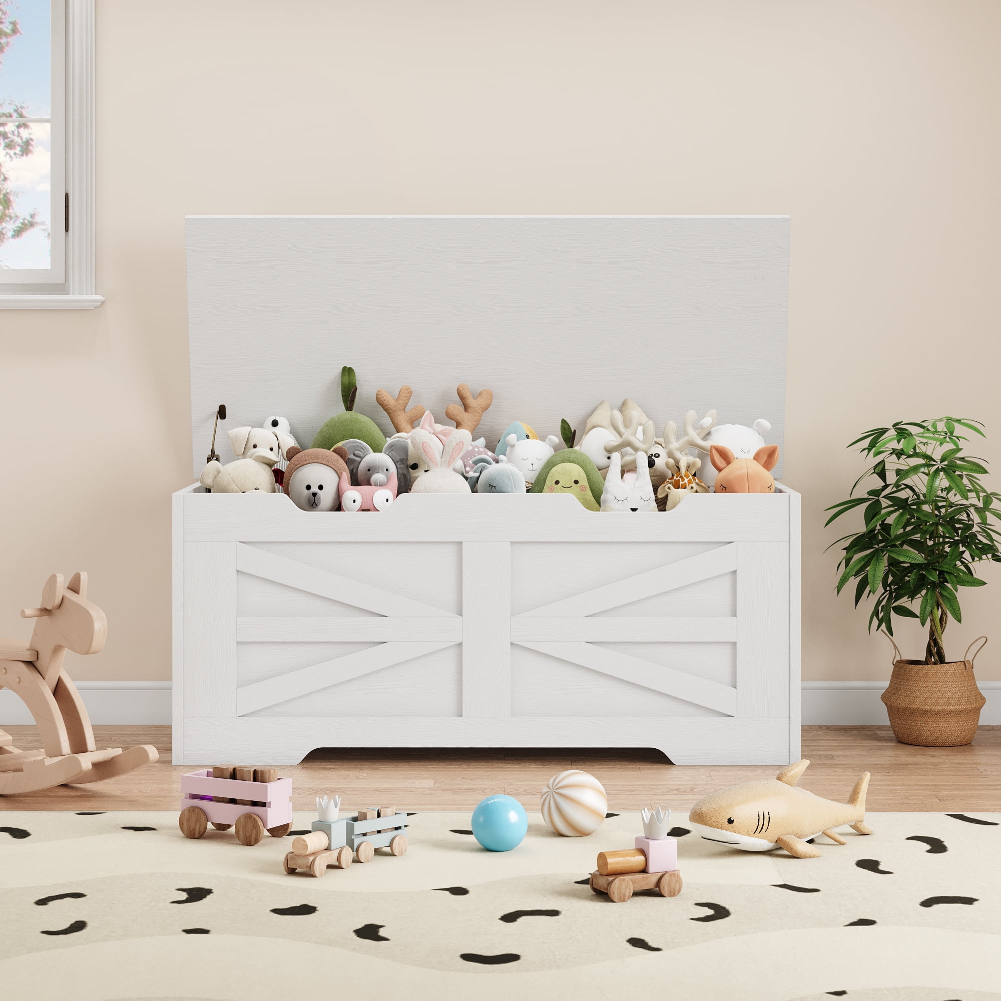 Storage Bench, Wooden Storage Chest with Safety Hinge, Toy Chest With Lids, Toy Box Organizer for Living Room, Playroom