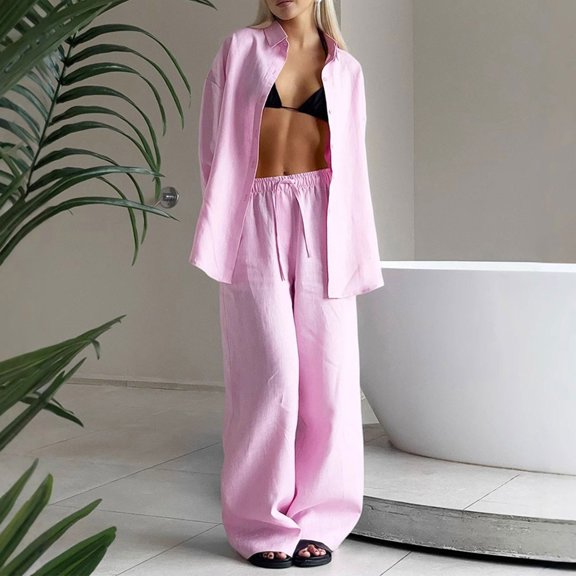 Uootdi Women's 2 Piece Matching Lounge Set Long Sleeve Oversized Button Down Shirt Drawstring High Waist Wide Leg Linen Pants Set