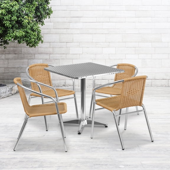 Emma Oliver 27.5" Square Aluminum Table Set-4 Beige Rattan Chairs