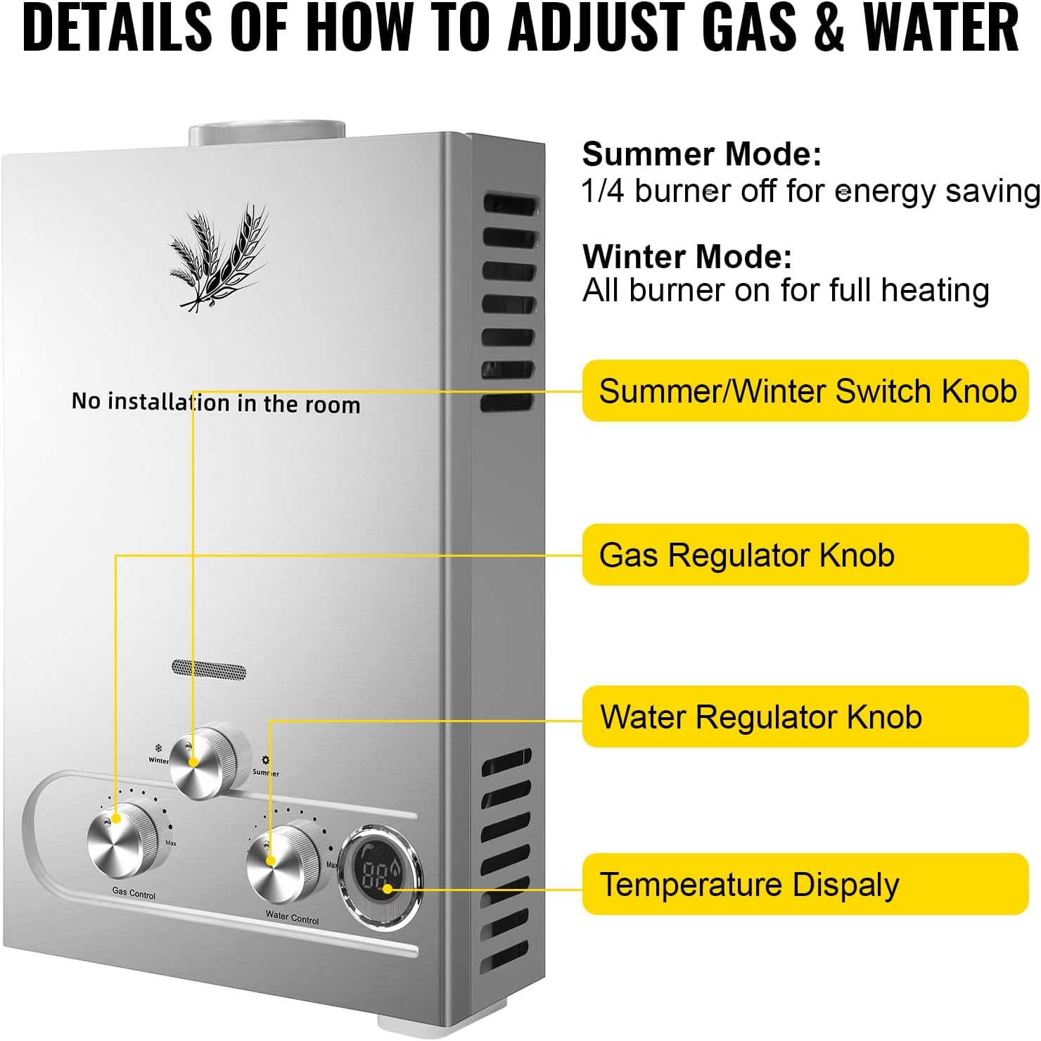 SIHAO Tankless Water Heater 4.3GPM 16L Outdoor Portable Gas Hot Water Heater Instant Propane Water Heater with Digital Display for Camping Trips Boat