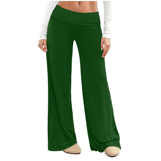 Amzcrzy Pantalones Palazzo Mujer Anchos Cintura Alta Cómodos Holgados Elegantes Casuales Verano Playa Ligeros Sin Costura Delantera Suaves Elásticos Con Bolsillos Tallas S-2XL Verde