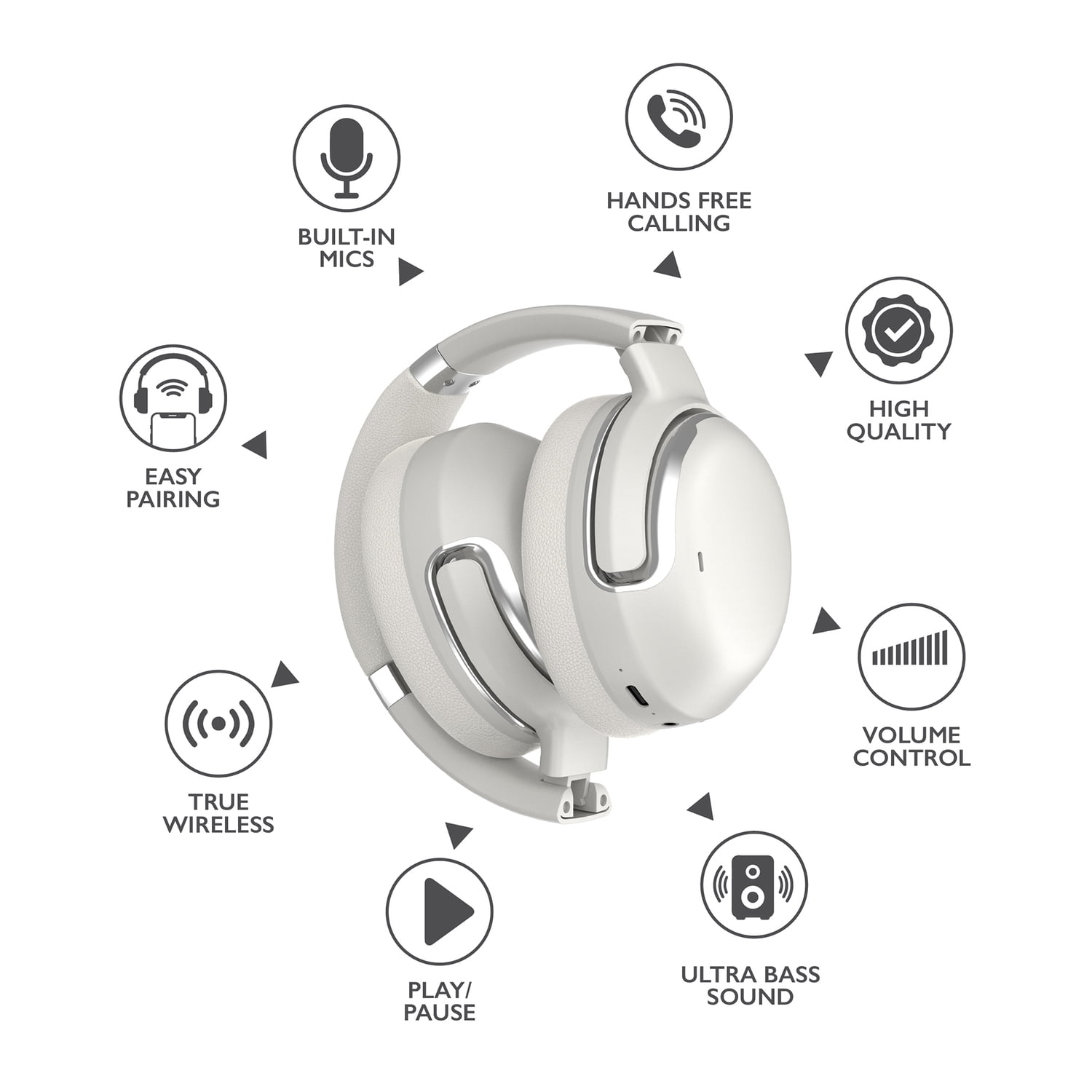 RCA WAVE-76 Audixa Bluetooth Flat-Folding On-Ear Headphones with Mics, ANC, On-Ear Controls, 3D Earpads, up to 12 Hours Play Time , Silver